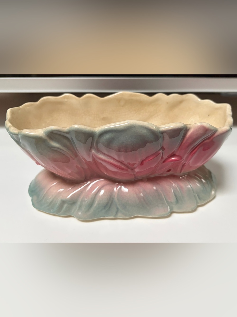 Royal Copley, Art Nouveau Ceramic Tulip Floral Planter Pink and Blue-Green.